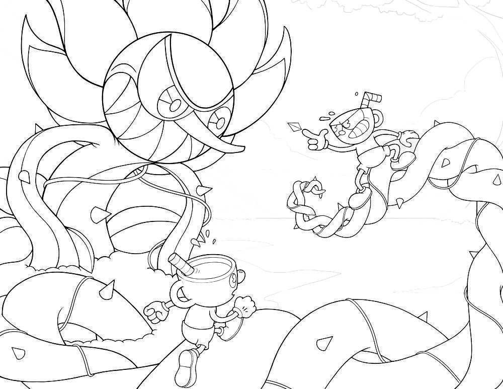 Coloring Pages Cuphead. Bosses, Cuphead and Mugman. Print for free