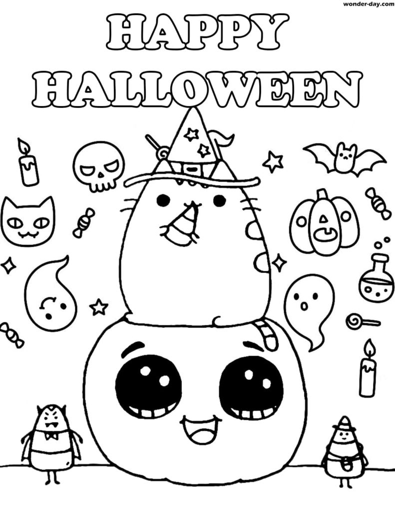 Halloween Pusheen coloring page