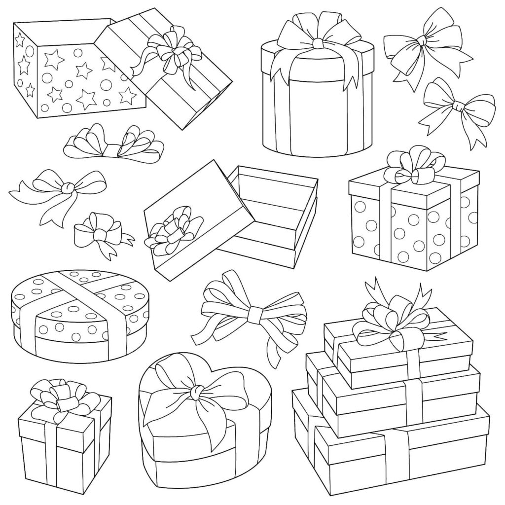 Página para colorir de presentes de Natal