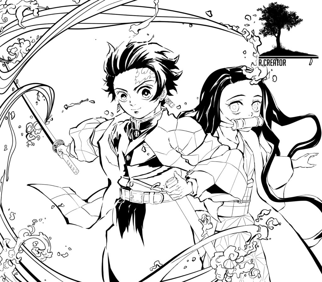 Para Colorir Nezuko e Tanjiro Imprimir Grátis