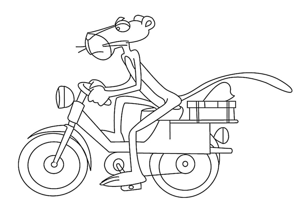 The pink panther rides a motorcycle