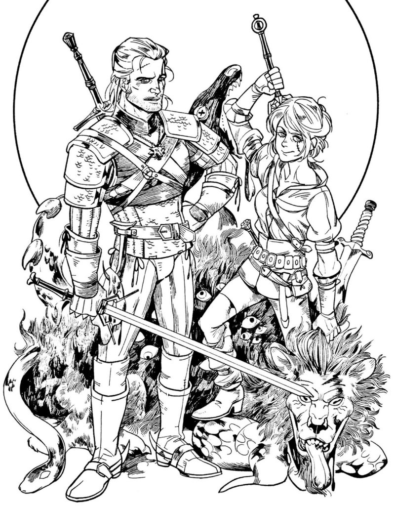 Personagens Witcher e leão