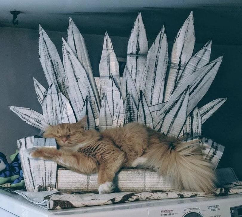 The cat sleeps on the iron throne