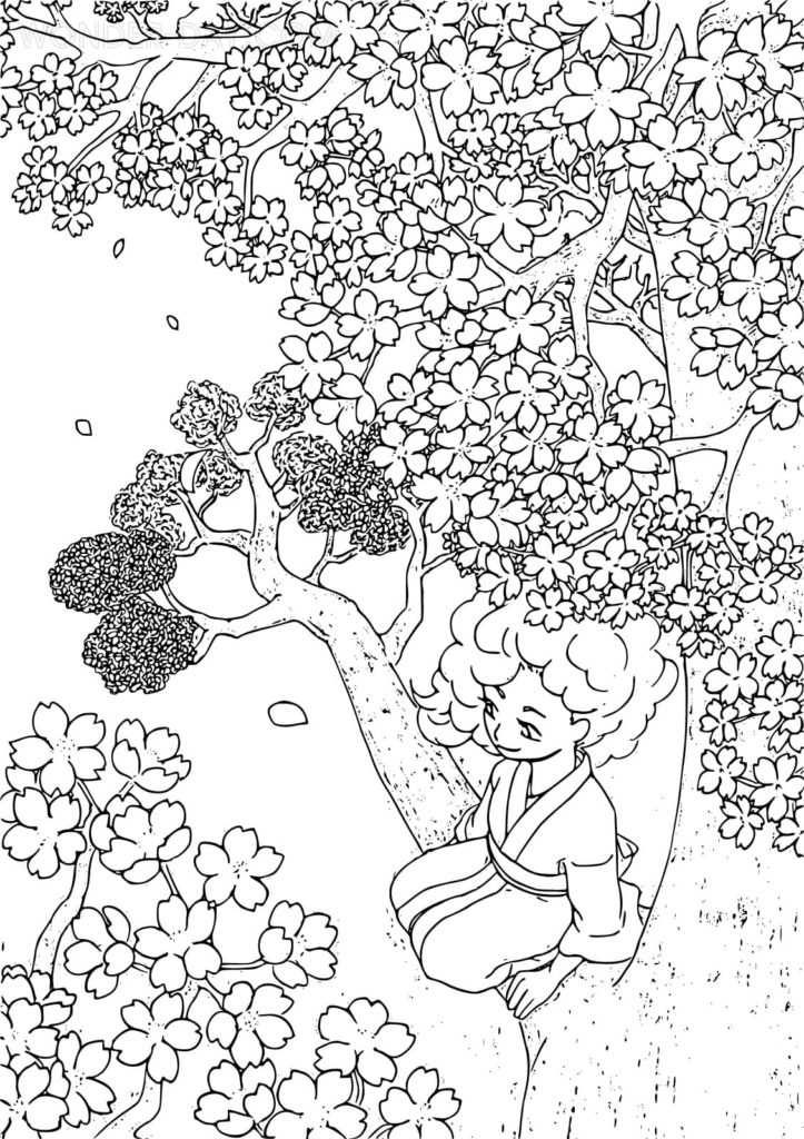 Mädchen, das auf einem Sakura-Zweig sitzt