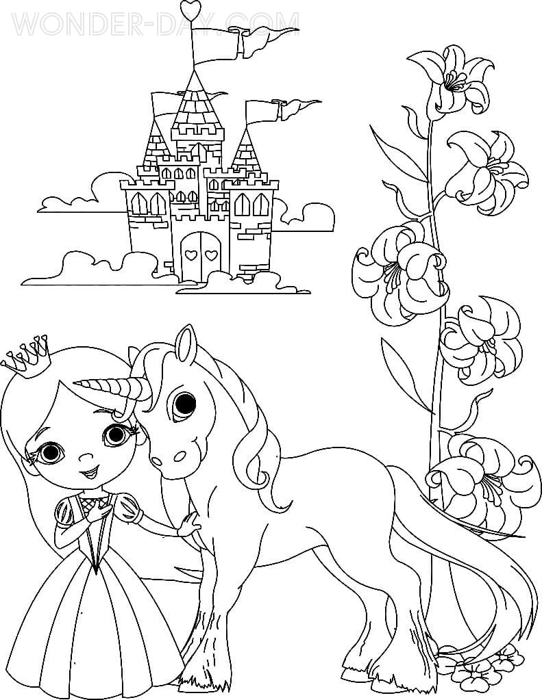 Princesa y unicornio cerca del castillo.