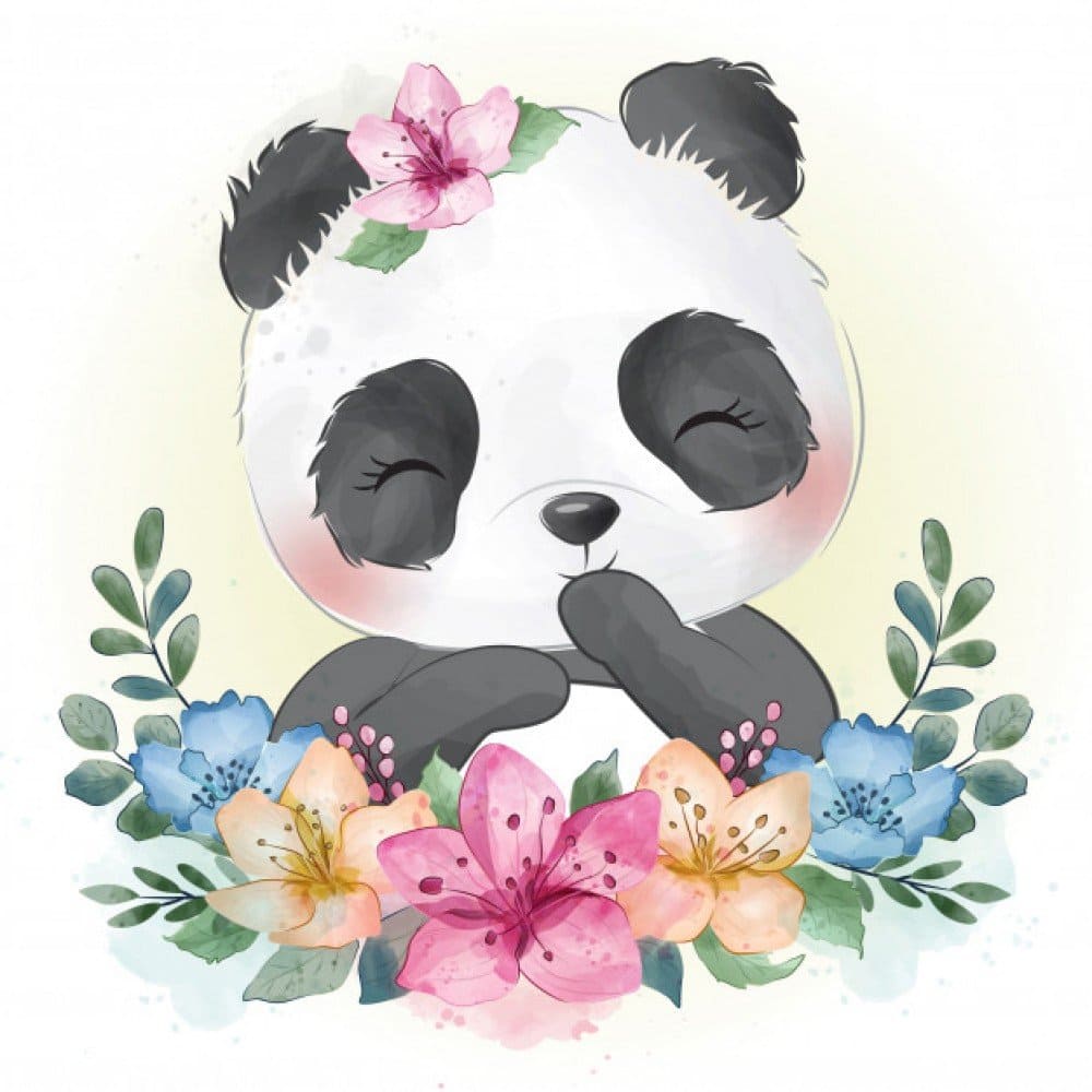 Panda mignon et fleurs