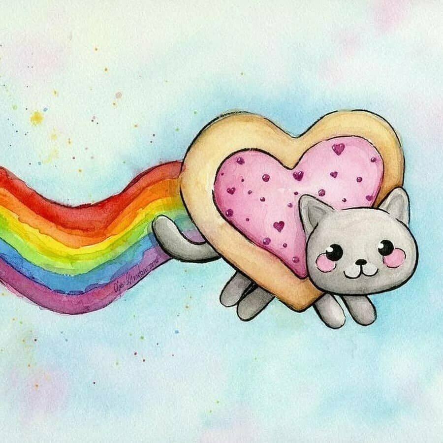 Il gatto con l'arcobaleno vola
