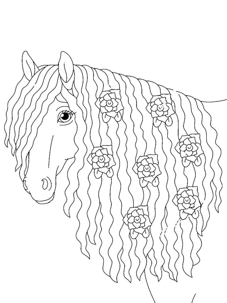 Pferd mit schöner Mähne und Blumen