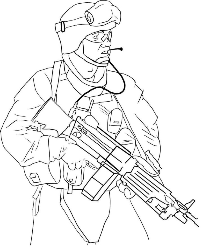 Soldat avec talkie-walkie et arme