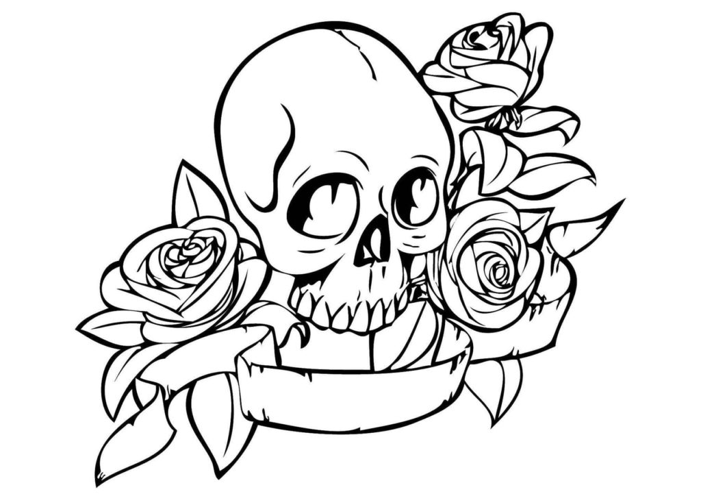 Crâne avec une inscription et des roses