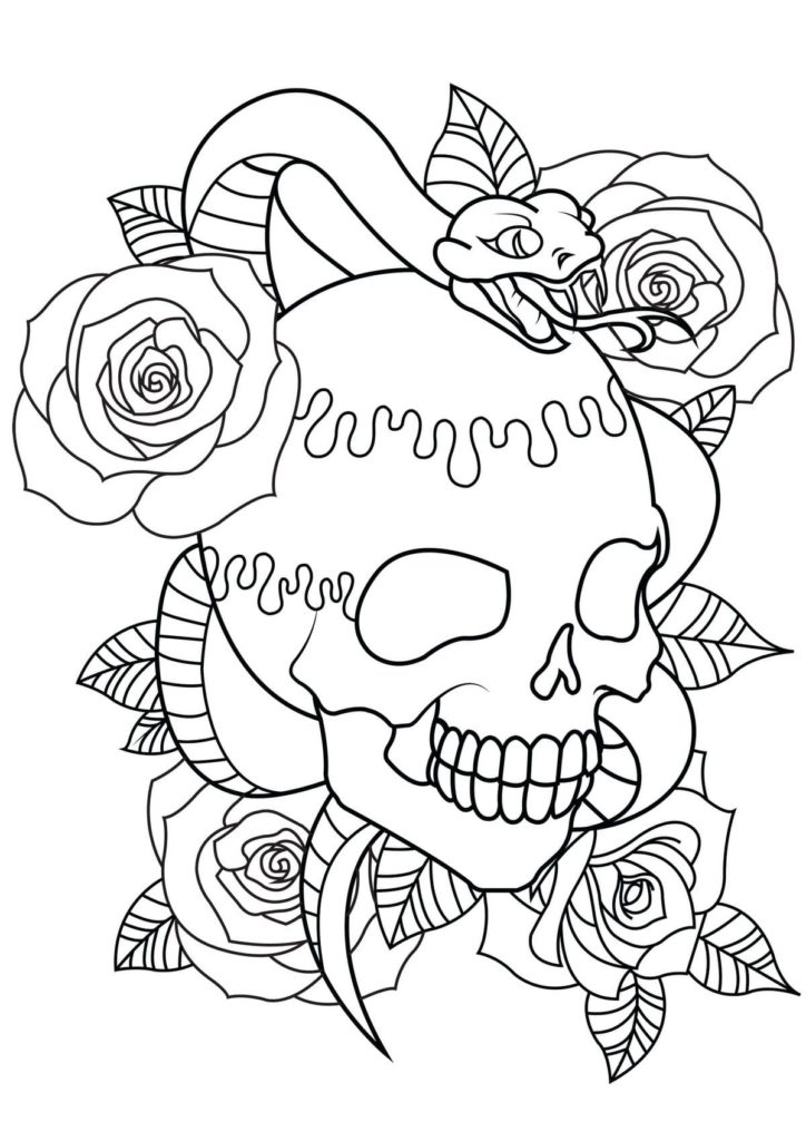 Crâne, serpent, fleurs