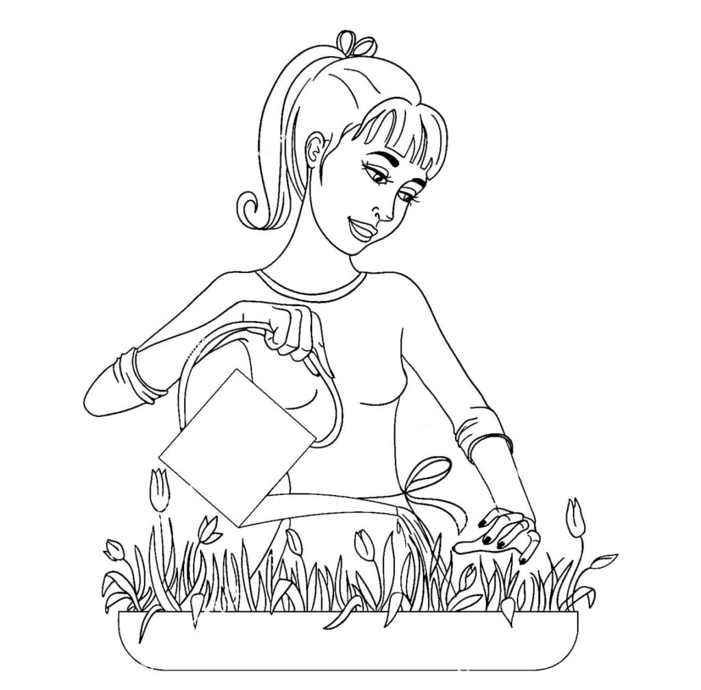 Девочка поливает тюльпаны