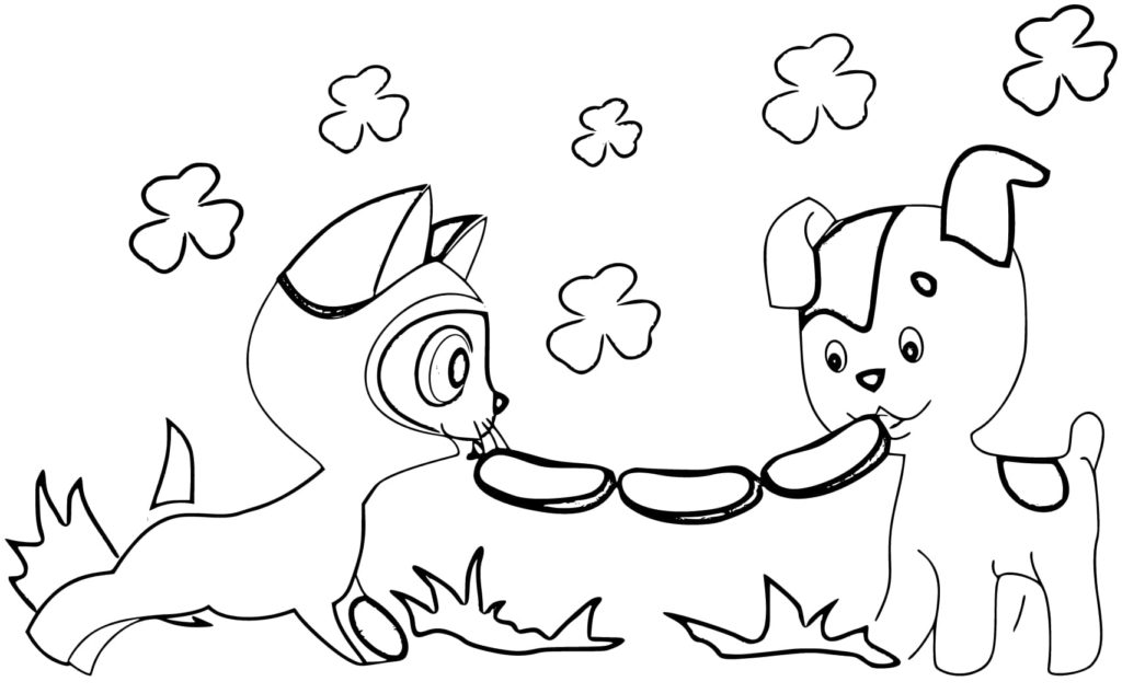 Gatito y cachorro comparten una salchicha