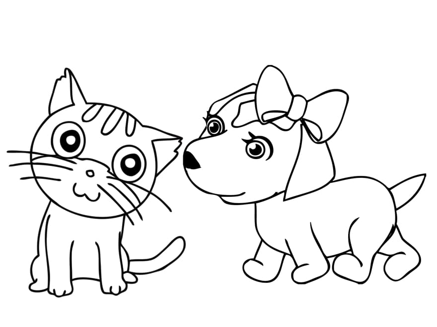Striped cat and dog girl with a bow