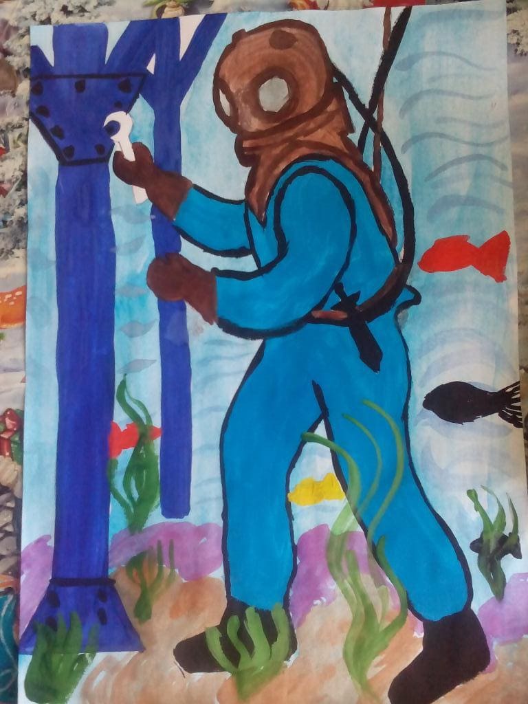 Diver drawing with paints