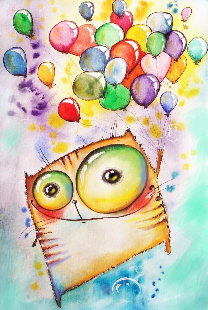 Katze mit Luftballons