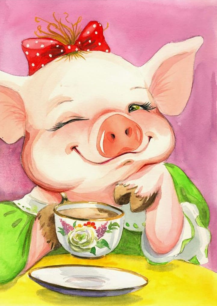Cute pig is drinking tea