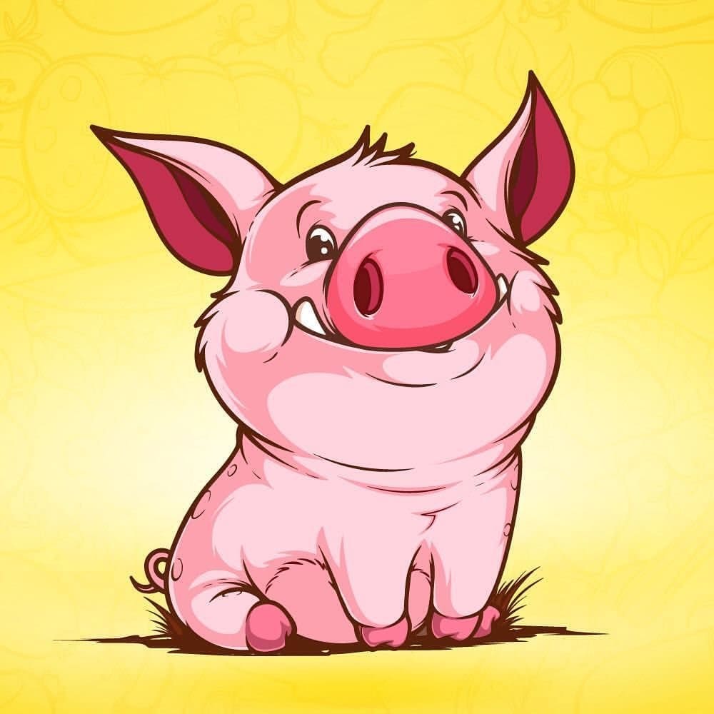 Cheerful pig sits and smiles