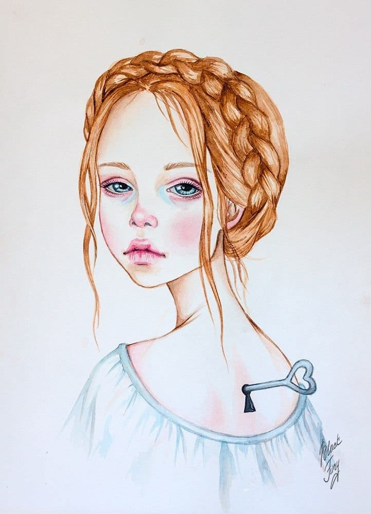 Girl drawn with colored pencils