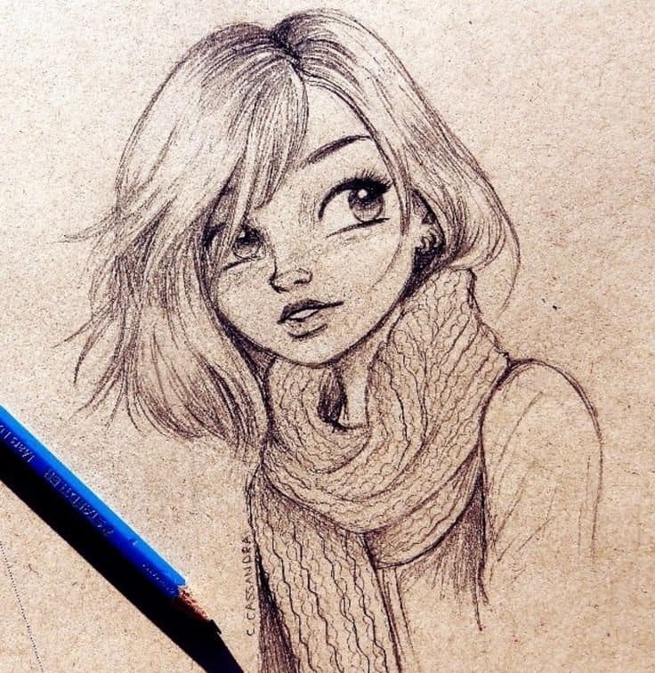 Girls in a cartoon style with a pencil