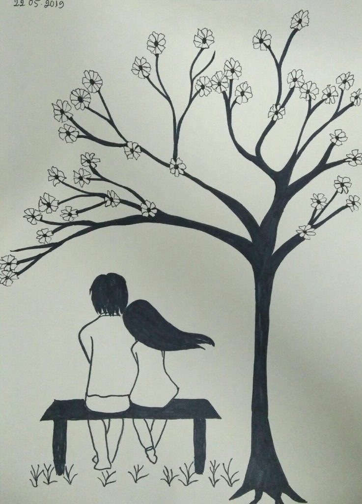 Girl and boy are sitting on a bench