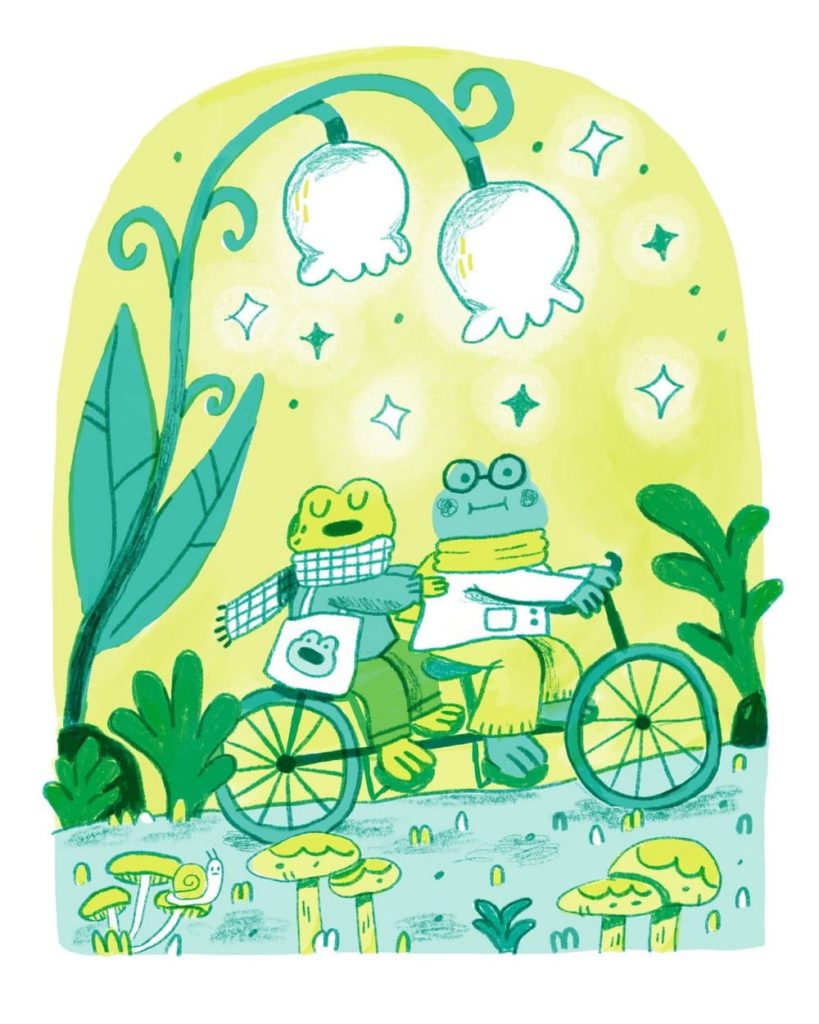 Picture with frogs on a bike