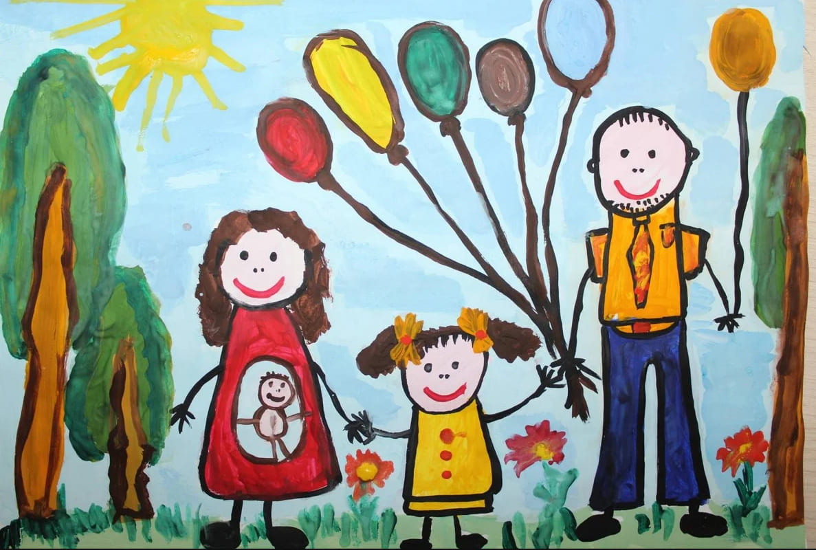 Child's simple drawing of their family with a white background Stock Photo  - Alamy