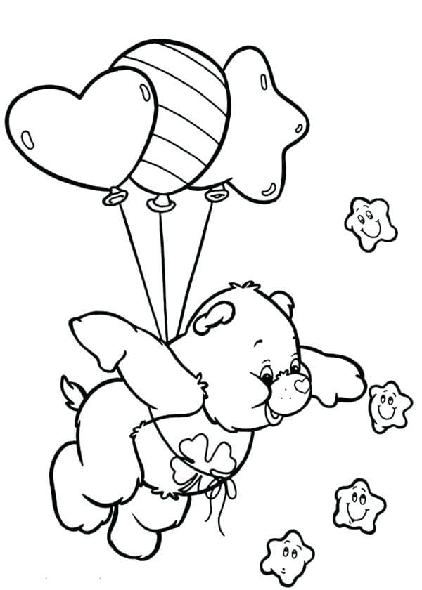 Teddy bear flies on balloons