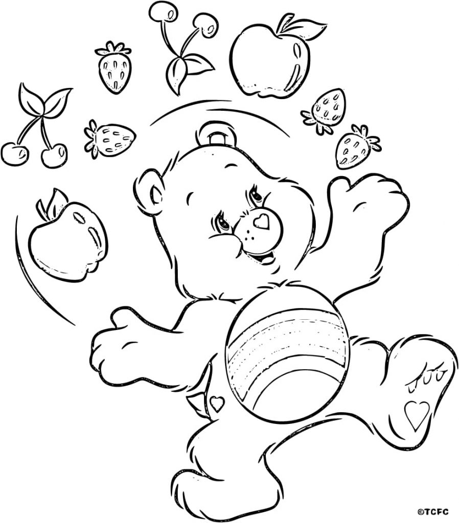 Urso de pelúcia faz malabarismo com frutas