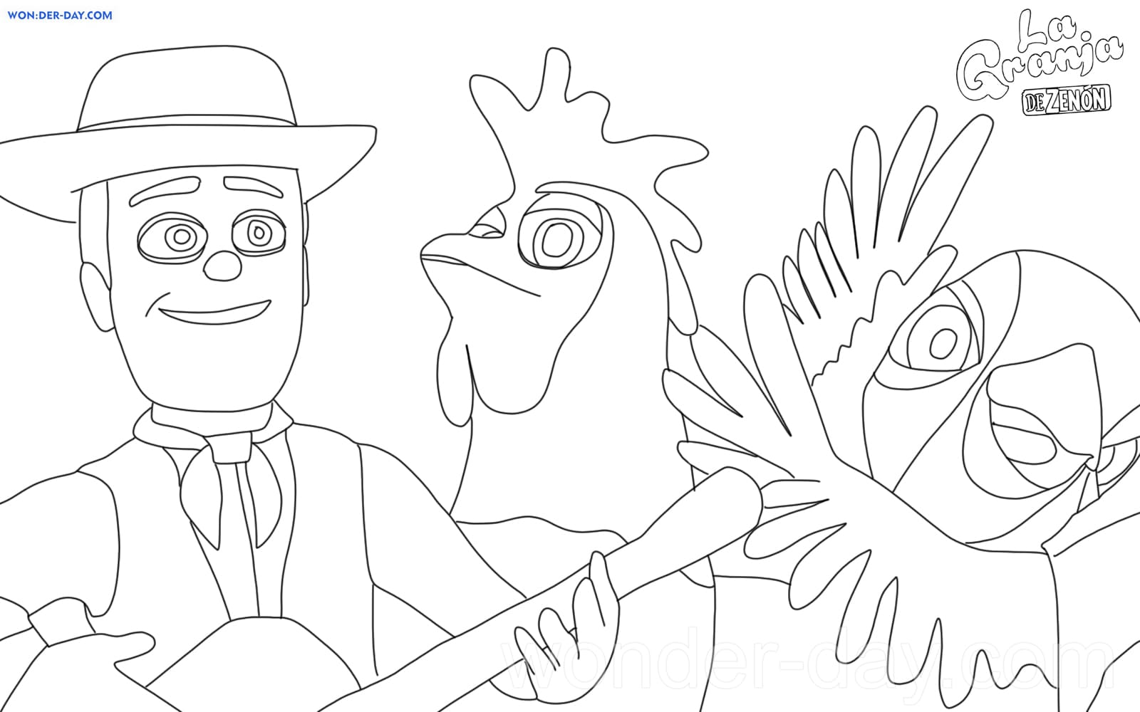 Dibujo para imprimir y colorear del gallo Bartolito de La granja de Zenón