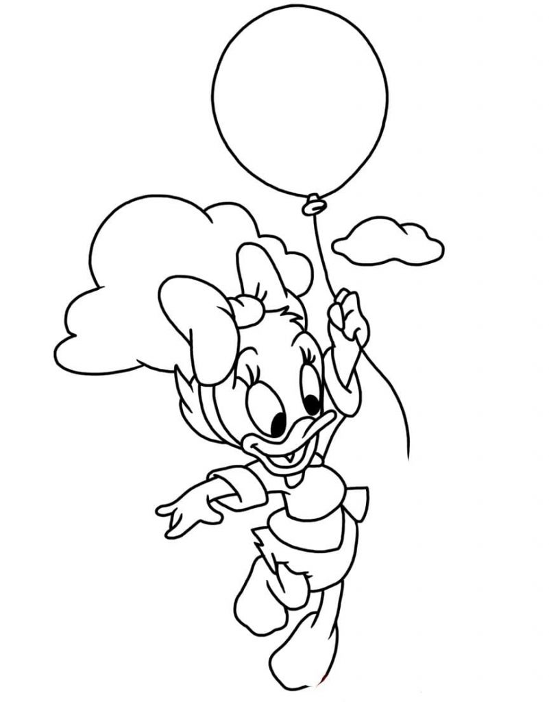 Webby Vanderquack flying in a balloon
