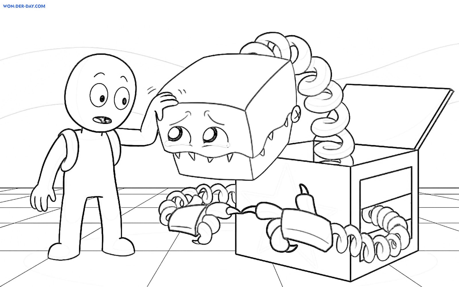 Coloring page Project Playtime : Boxy Boo leaping. 2