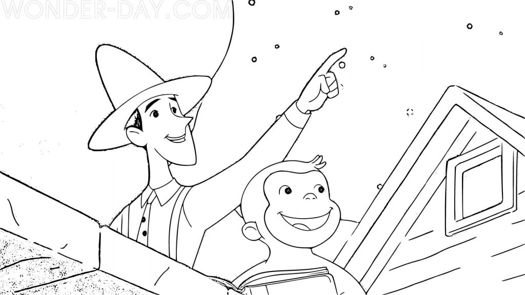 Curious George and Ted look at the stars