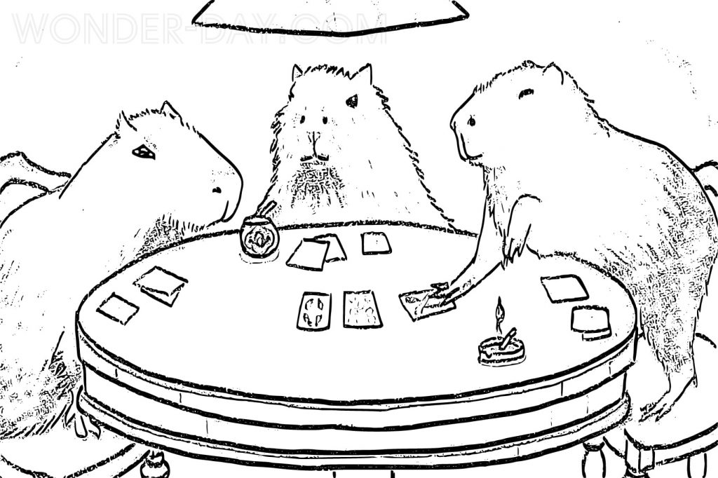 Capybara et ses amis jouant aux cartes