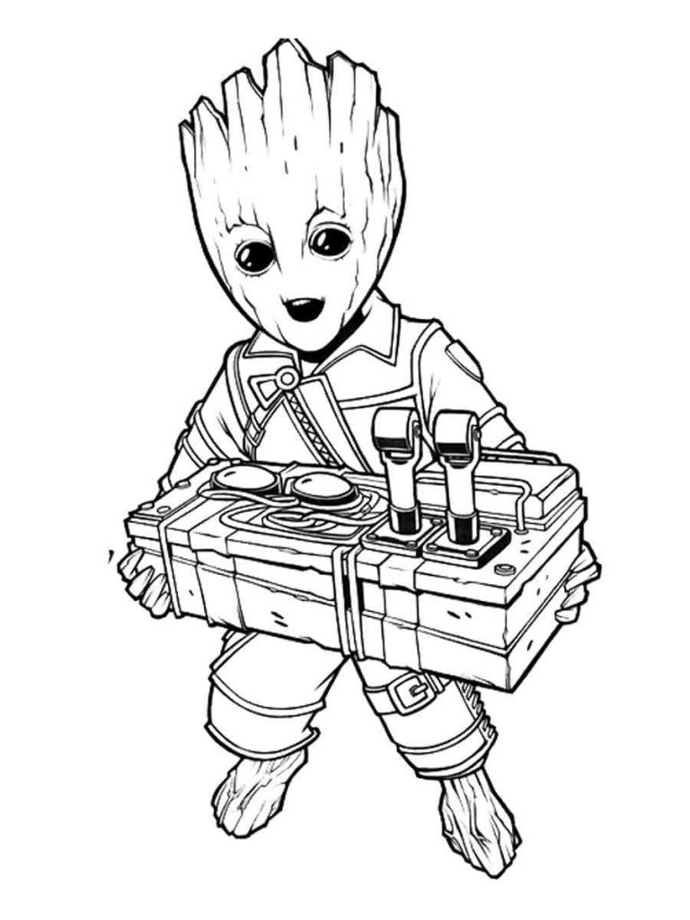 Groot with a tape recorder