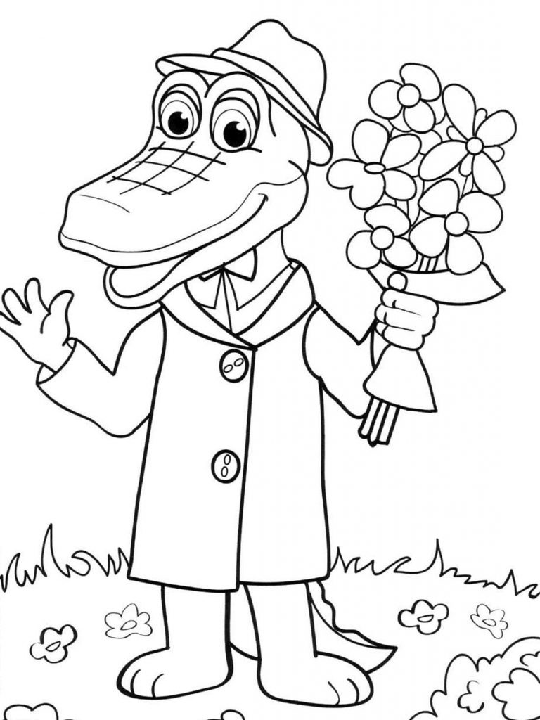 Крокодил Гена с букетом цветов