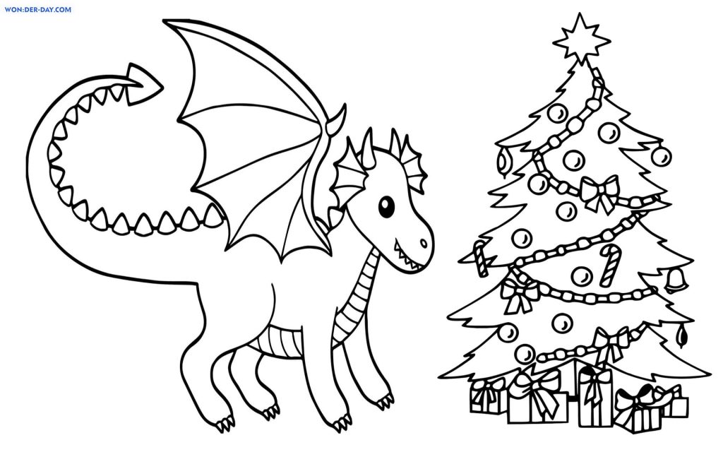 Dragón y árbol navideño