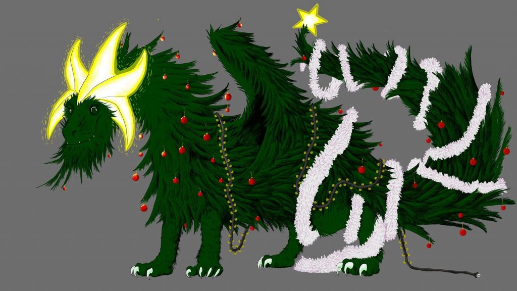 The dragon dressed up as a Christmas tree