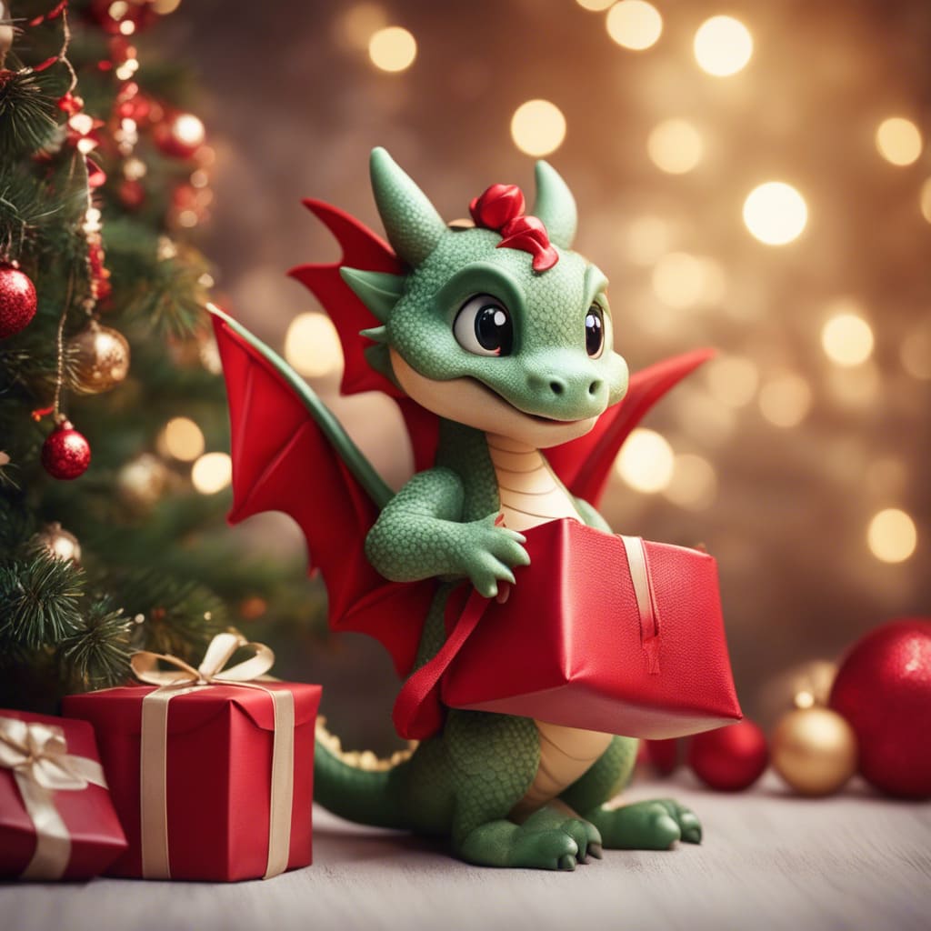 Green dragon near the holiday tree