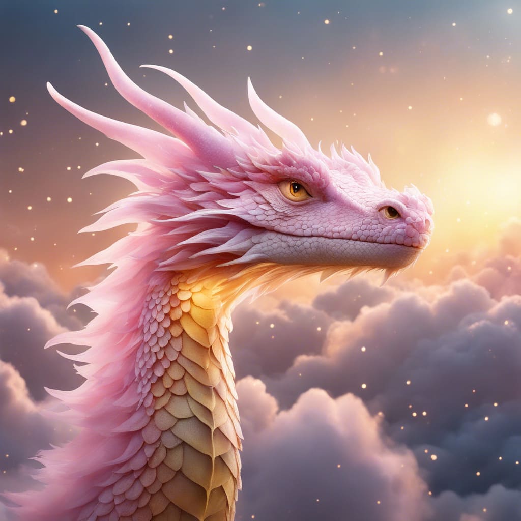 Розовый сказочный дракон на фоне облаков