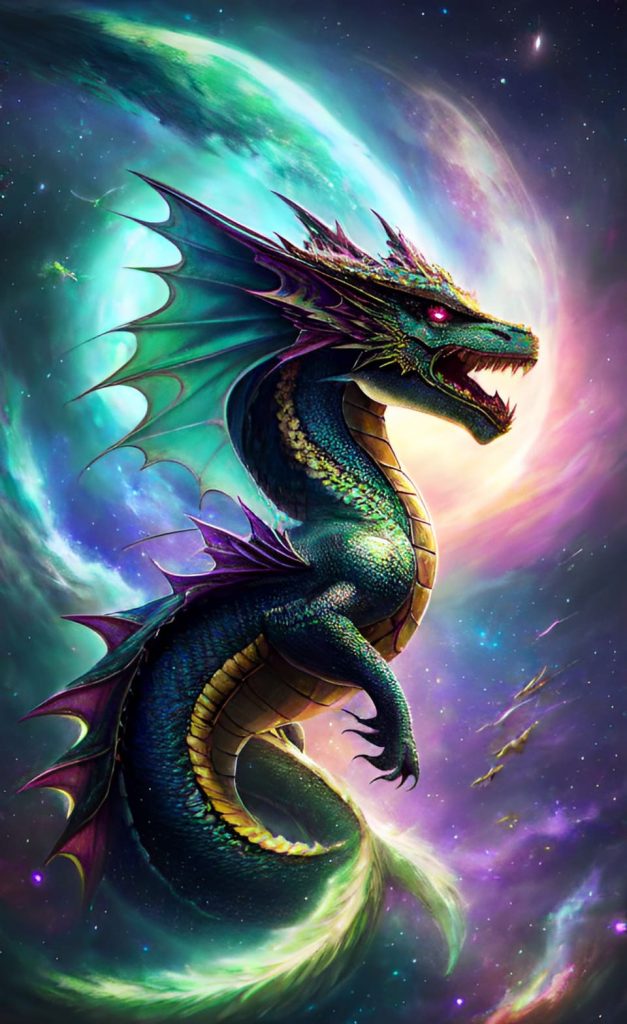 Chinese multi-colored dragon against the backdrop of the planet