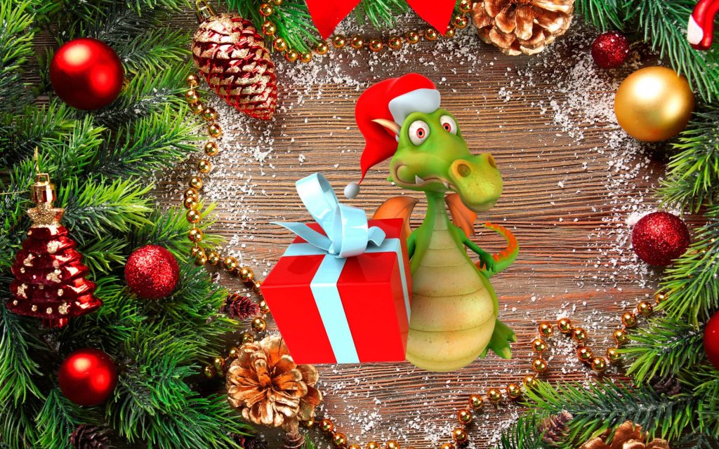 Dragon with gift New Year background