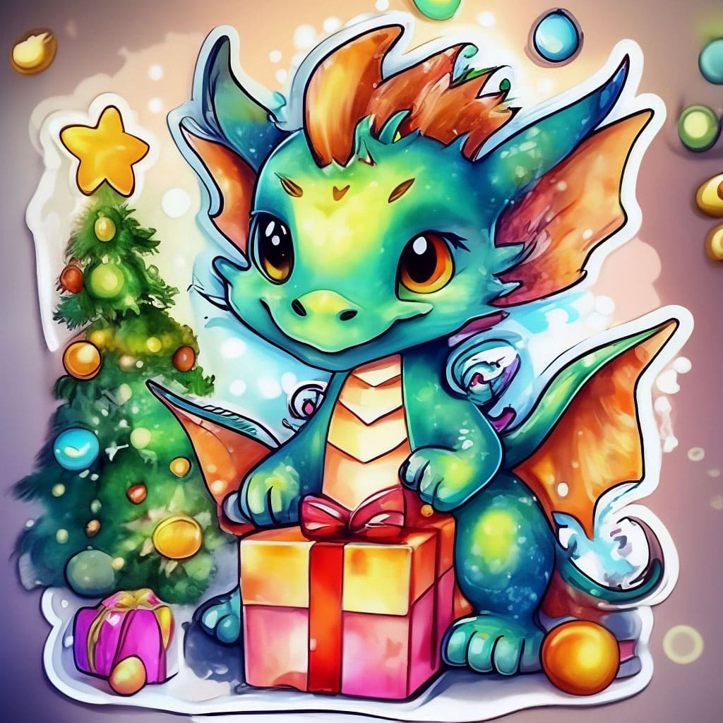 Нарисованный дракончик с подарками и елкой