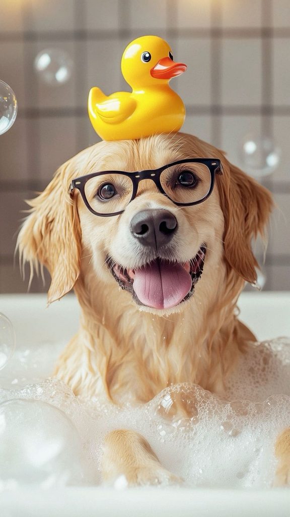 Dog with a duck on his head