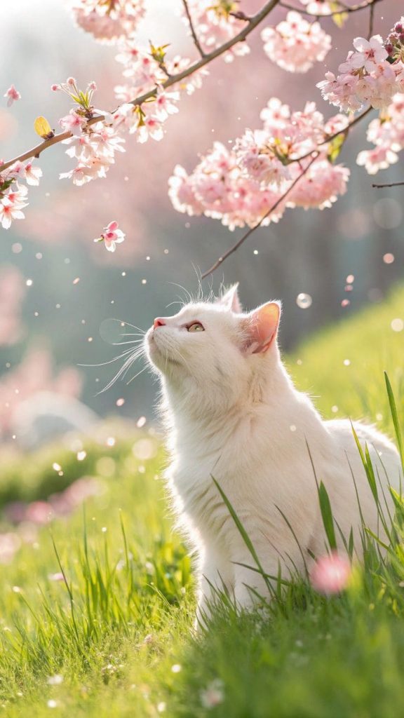 White cat and sakura