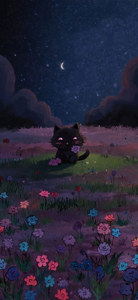 Cat in a field with flowers