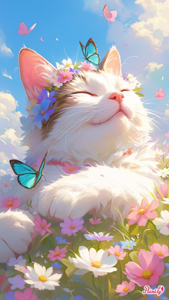 Cartoon cat and butterflies