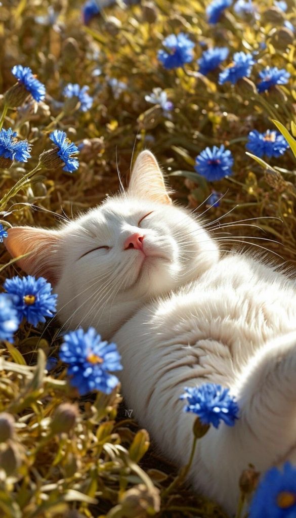 A cat sleeps in a field of flowers