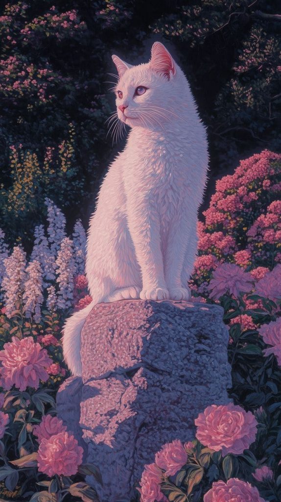 Chat blanc et fleurs