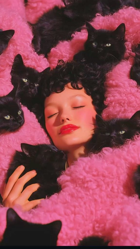 Black kittens and a girl